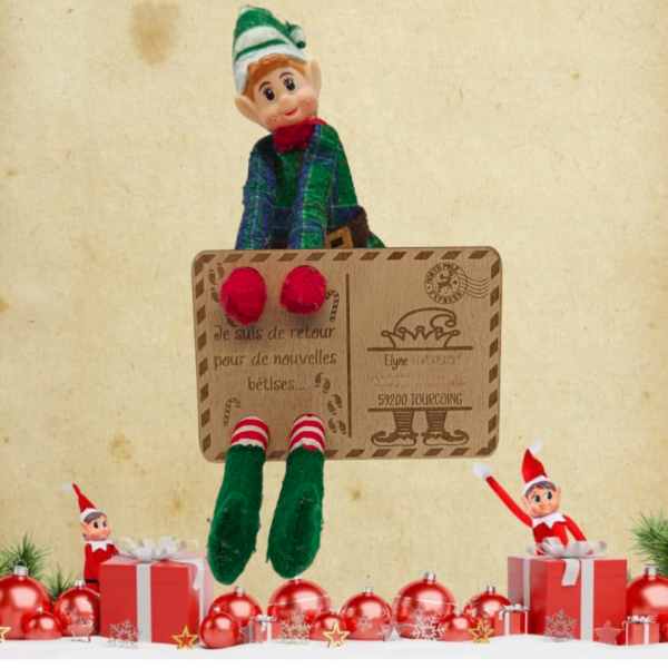 Carte postale personnalisée - Arrivée du lutin farceur avec prénom et texte, prête à intégrer le lutin