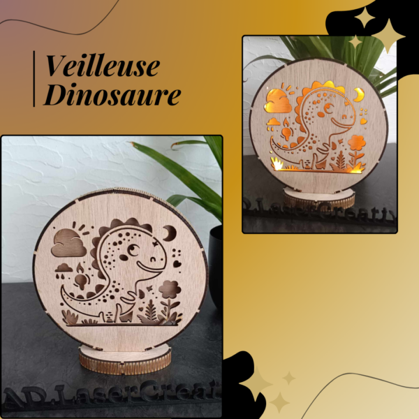 Veilleuse Enfant Dinosaure personnalisée - Décoration Unique pour Chambre | Lampe en Bois
